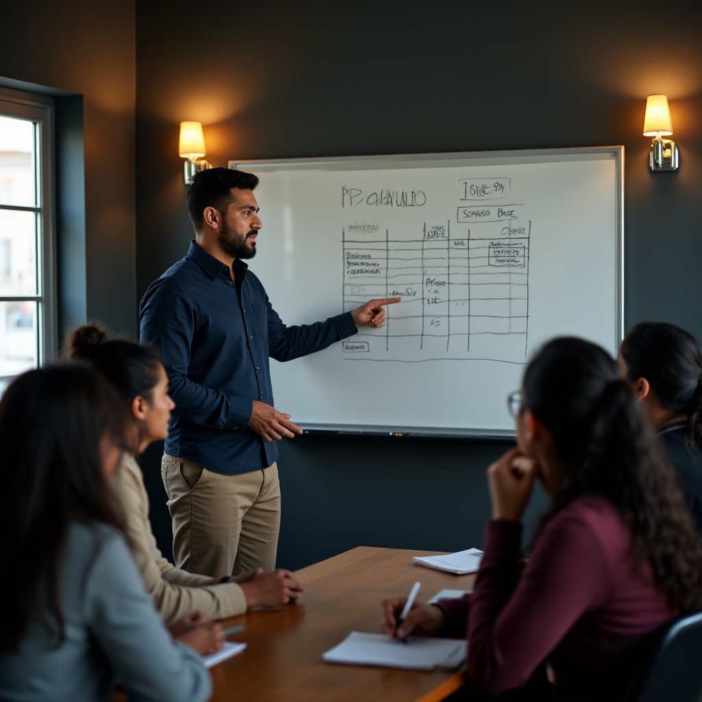 Workshop facilitator explaining payslip deductions on a whiteboard to a group of young workers