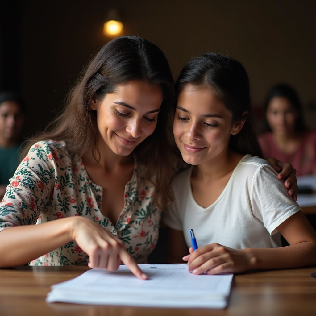 A parent and young adult child reviewing a payslip document together at a workshop table, engaged in discussion